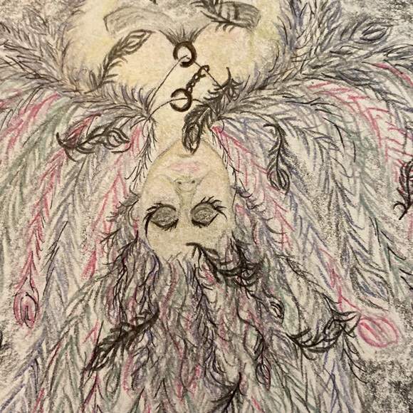 Unframed Original Art Pencil Crayon Illustration Angel w Spirit Animal Drawing - Picture 2 of 3